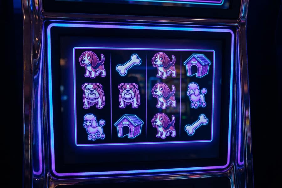 Слот Dog House собаки лапы неоновый фон